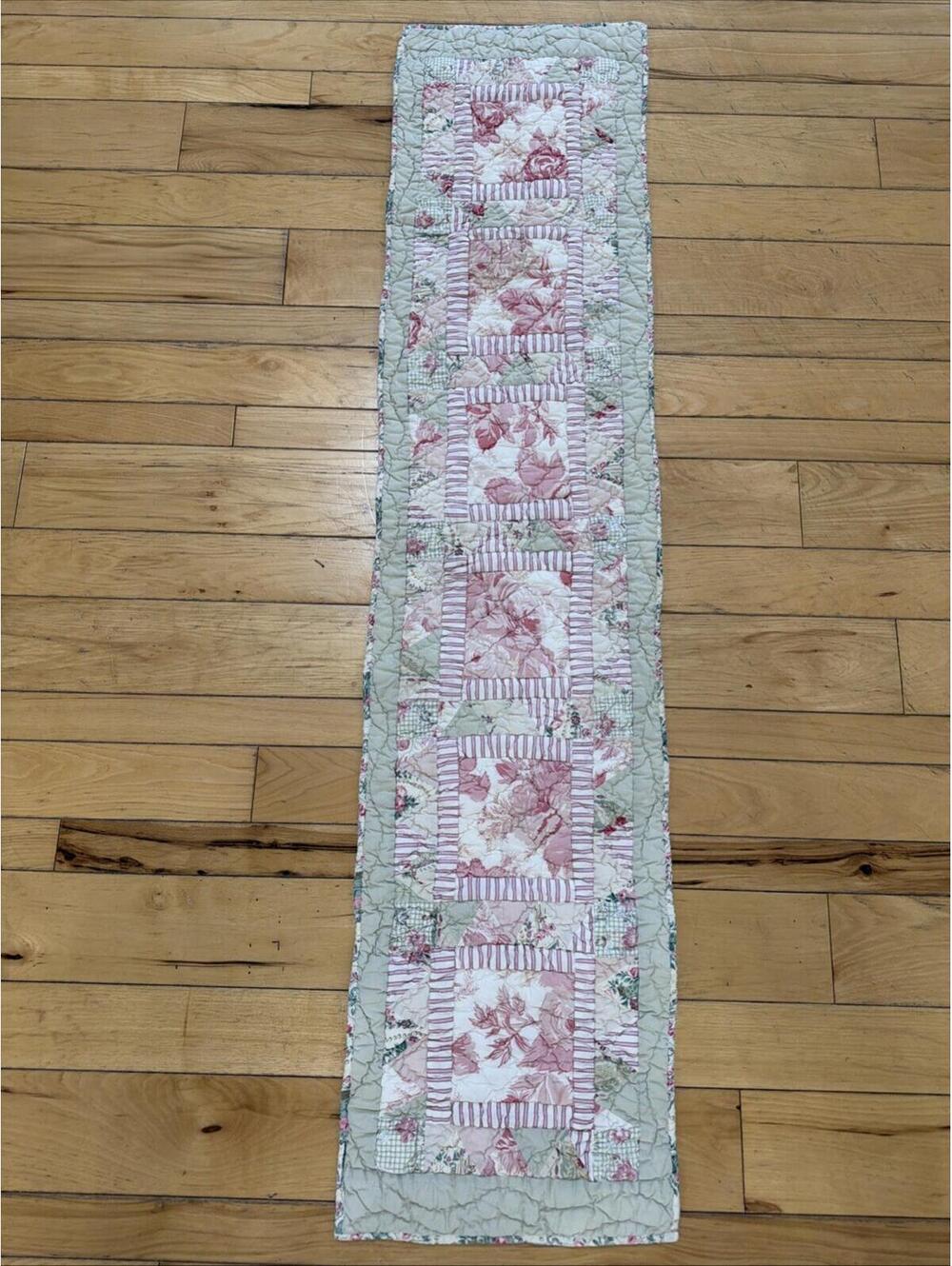 Quilted Table Runner Pink Floral Patchwork Cottage Shabby Chic Reversible 12x54” - Picture 2 of 5
